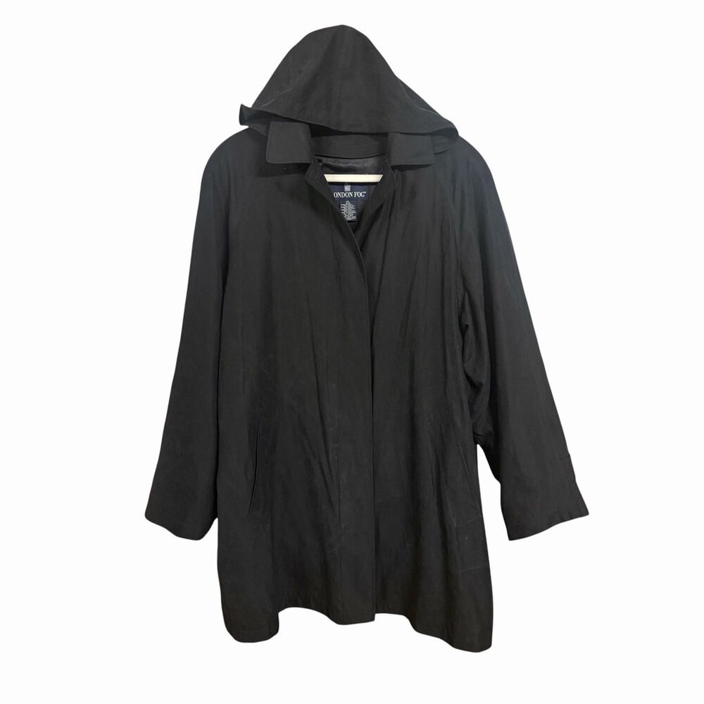 London Fog Women's Sz XL Regular Black Trench Coat Detachable Hood Button Up